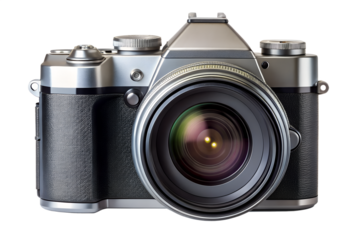 Vintage-style silver and black camera showcased against a dark backdrop, perfect for photography or technology themes, with a classic lens, transparent background