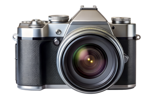 Vintage-style silver and black camera showcased against a dark backdrop, perfect for photography or technology themes, with a classic lens, transparent background