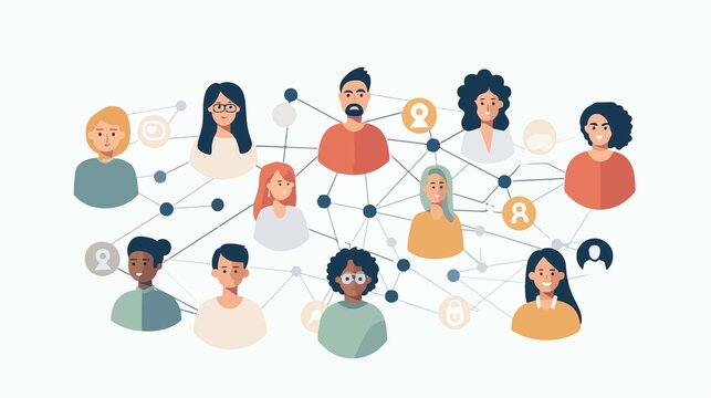 Diverse team members are connecting through a digital network, illustrating global communication and collaboration with social connections.