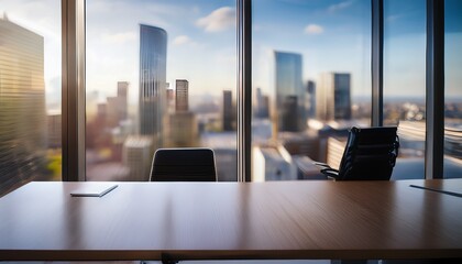 soft blur a modern office with workspace and a blurred view of a high rise city outside the office window