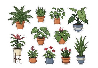 Fototapeta premium Diverse Potted Houseplant Collection. Vibrant assortment of indoor flora illustrations, perfect for bringing a touch of nature and tranquility to any domestic setting or design project.
