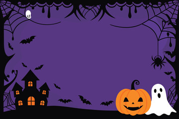Spooky Halloween night party banner with cartoon pumpkin, black cat, and bats, an autumn celebration illustration