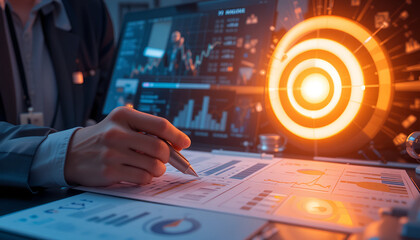 Analyzing financial data charts with a pen and advanced technological target, showcasing business insights and market strategies.