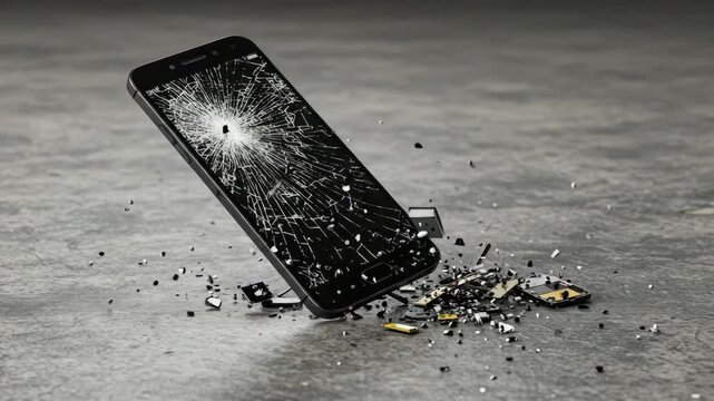 Shattered Smartphone Screen - A smartphone with a completely shattered screen is shown falling to the ground, with pieces of glass and internal components scattering around it.