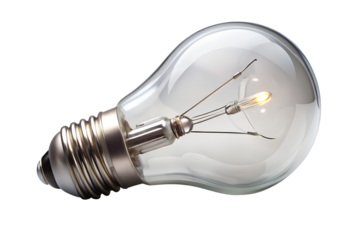 A clear light bulb glows softly against a transparent background, symbolizing ideas, innovation, and electric power, making it ideal for creative projects.