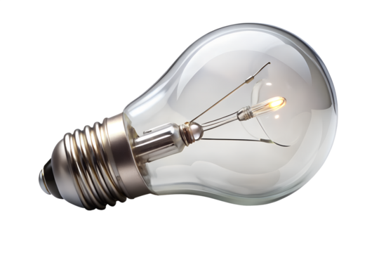 A clear light bulb glows softly against a transparent background, symbolizing ideas, innovation, and electric power, making it ideal for creative projects.