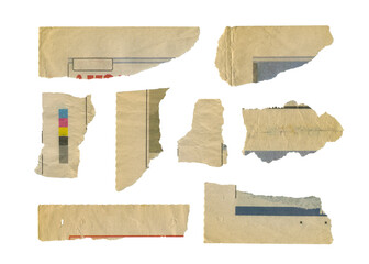 Set of torn pieces of  vintage newspaper isolated on transparent background.	