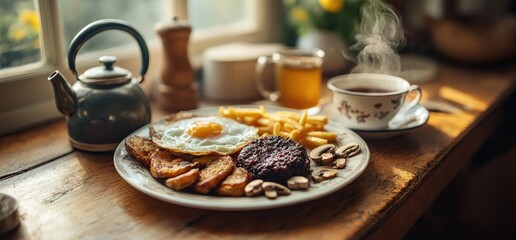 Fototapeta premium Hearty breakfast plate with potatoes egg and patty