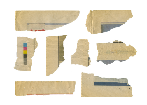 Set of torn pieces of  vintage newspaper isolated on transparent background.	