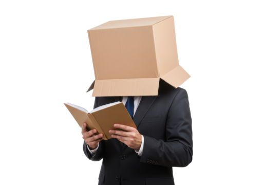 Isolated Anonymous Businessman Reading with Box on Head - Powered by Adobe