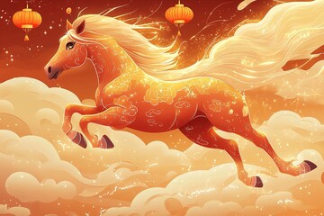 Golden horse leaping among glowing clouds in a celestial atmosphere