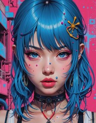 Futuristic portrait of a woman with blue hair and vibrant aesthetic elements