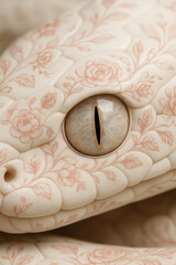 Floral Snake Portrait: A close-up showcases a pale snake adorned with delicate floral patterns, focusing on its mesmerizing eye.