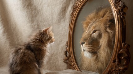 A cat looks in the mirror and sees itself as a lion, concept: self-confidence, 16:9