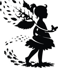 Autumn Vibes Icon Pack – Girl Playing in Falling Leaves Silhouettes Girl with Autumn Leaves Silhouette Set – Fall Season Vector Icons