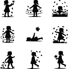 Autumn Vibes Icon Pack – Girl Playing in Falling Leaves Silhouettes Girl with Autumn Leaves Silhouette Set – Fall Season Vector Icons