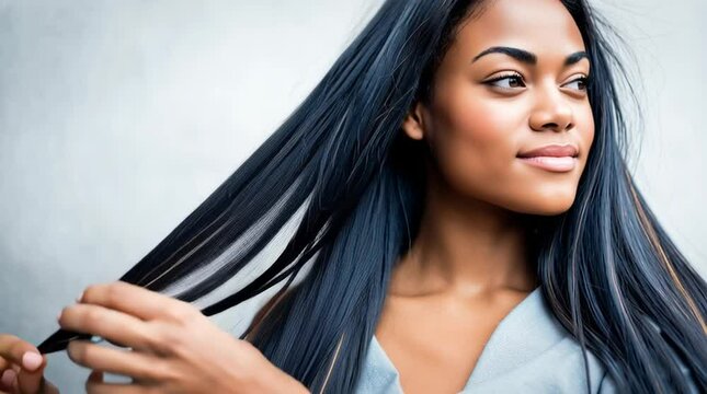 Young Latina Woman with Long Black Hair and Subtle Light Highlights Touching Hair with Fingers, Casual Hairstyling, Modern Beauty.