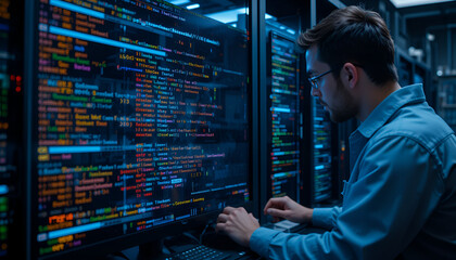 Focused man works with computer code in a server room, immersed in data, programming and cybersecurity at a datacenter.