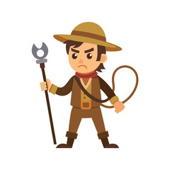 Treasure hunter with whip and compass in angry cartoon pose Vector illustration