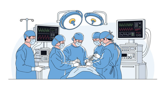 Skilled medical professionals performing complex life saving surgery in state of the art operating theater