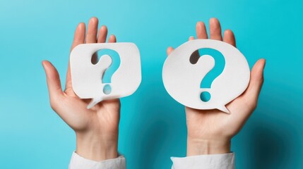 The hands holding question marks symbolize curiosity and communication challenges.
