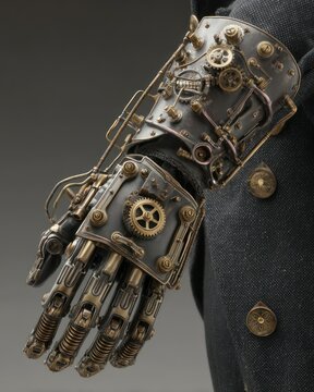 Intricate steampunk mechanical arm detail with gears and industrial components, artful design.