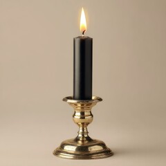 Dramatic illuminated black candle in ornate golden candlestick against a neutral backdrop depiction