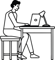 Fototapeta premium Focused on the Task: A simplified, linear illustration of a person absorbed in their work at a desk, using a laptop and illuminated by a desk lamp.