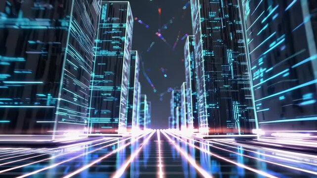 Virtual data stream in futuristic metaverse city. Digital lines form cyber architecture. Technology runs through metaverse blocks. Cyber world built on digital path and metaverse light