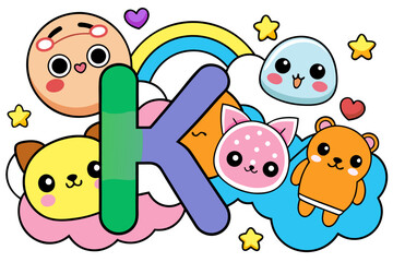 Obraz premium Whimsical cartoon composition featuring a variety of cute characters and colorful elements around a letter k
