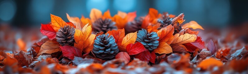 Obraz premium Many different colored leaves and pine cones in the grass autumn banner