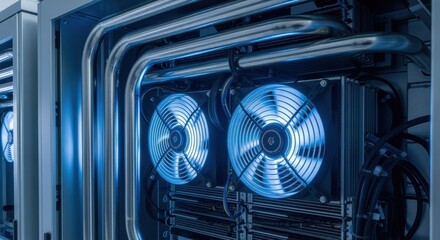 Close up view of cooling fans illuminating a data center server cabinet. Highlighting the essential role of ventilation in maintaining optimal operating temperatures for high performance computing