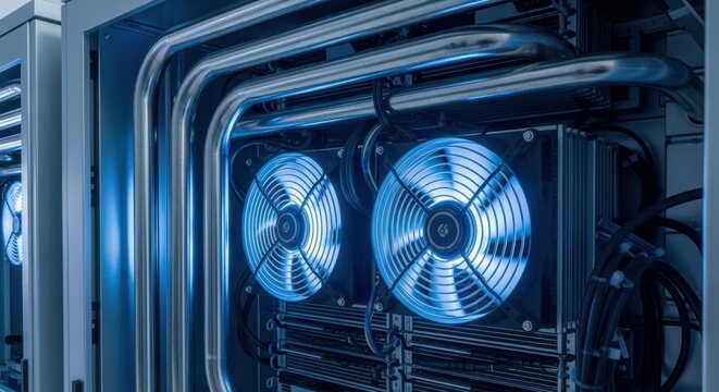 Close up view of cooling fans illuminating a data center server cabinet. Highlighting the essential role of ventilation in maintaining optimal operating temperatures for high performance computing