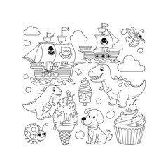 Adorable Pirate Ship, Dinosaurs, and Ice Cream Coloring Page for Kids