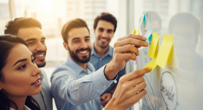 Team brainstorming, placing sticky notes on whiteboard, showcasing collaborative teamwork and strategic planning in business environment