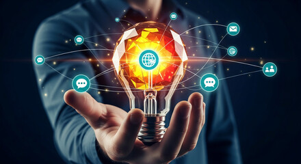 Hand holding glowing crystal lightbulb, network icons surrounding it, symbolizing global communication, innovative ideas and interconnectedness, showcasing concept of networking and digital technology
