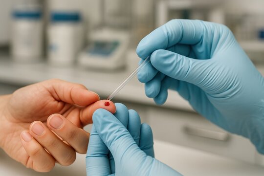 Blood Test Procedure: A close-up shot showing a medical professional in blue nitrile gloves carefully collecting a blood sample from a patient's fingertip using a lancet.