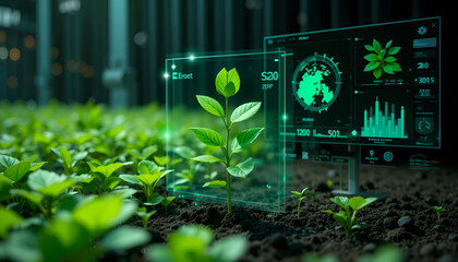 Thriving sprout with digital overlay and plant analytics display for futuristic agriculture, symbolizing innovation and growth.