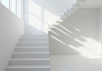 Fototapeta premium Minimalist white staircase bathed in natural light with geometric shadows