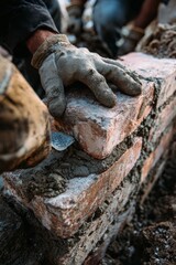 First-Person View of Bricklaying with Trowel and Gloves in Construction