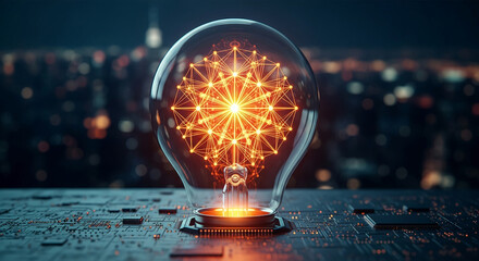 Glass bulb with glowing network inside, set on circuit board against blurred city lights background, showcasing innovation, connection, and technological advancement