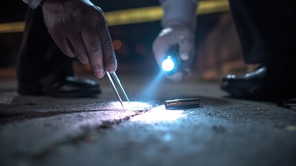 Fototapeta premium First-person View of Evidence Collection at Crime Scene with Shell Casing
