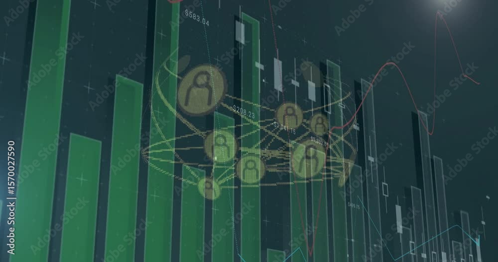 Poster grid filling icon network rotating bars and candlesticks moving lines pulsing visualizing trends