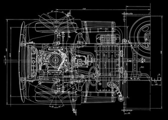 Chassis, engine, motor, wheel of car.
Engineering automotive mechanical drawing of steel 
device car body. Industrial cad scheme on paper sheet.  Technology design of machine building industry.