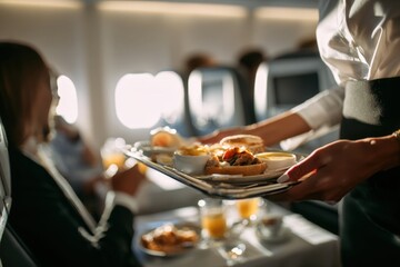 First-Person View of Flight Attendant Serving Meal Tray in Airplane Cabin
