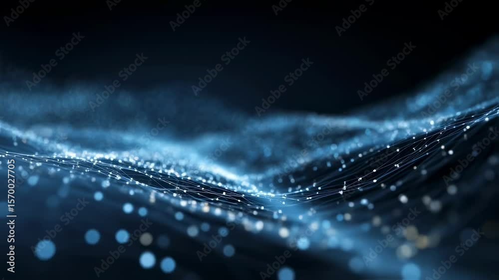 Wall mural glowing blue plexus network nodes connect and pulse, forming a mesmerizing futuristic landscape that