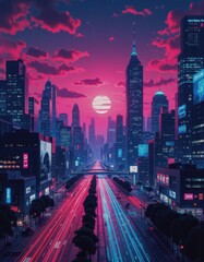 Experimental mixed media artwork showcasing a vibrant cityscape at sunset