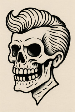Stylized Skull with Pompadour Hairstyle: A striking black and white illustration blending mortality with retro aesthetics.