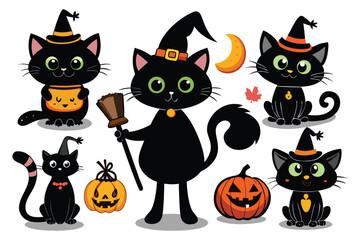 Black cats wearing witch hats with pumpkins and moon halloween jack o lantern