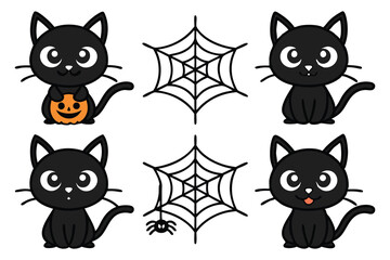 Cute black cats and halloween decorations pumpkin spider web
